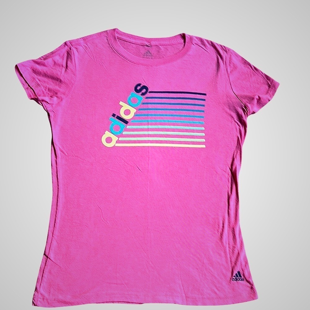 Adidas Pink Graphic T Shirt Women S Short Sleeve‎ Logo Stripes Casual Sporty